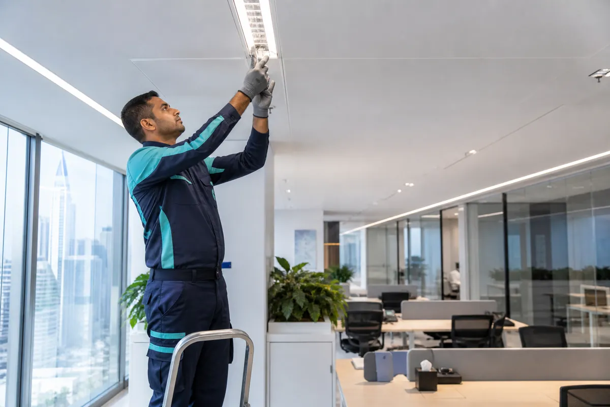 Illustrative image of a technician maintaining lighting in a modern Dubai office