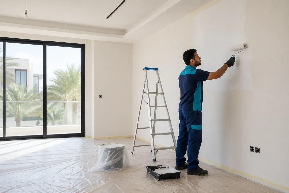Illustrative image of a professional painter working neatly in a modern Dubai villa
